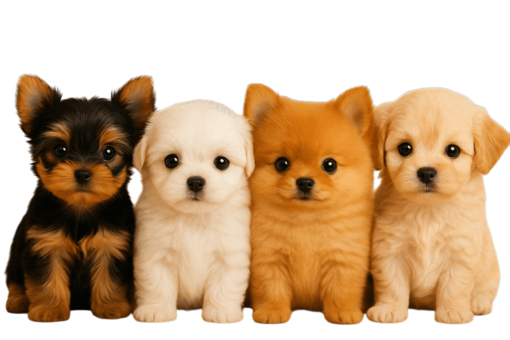 Teacup Yorkie, Maltese, Pomeranian, and Cavapoo puppies for sale at Puppy Heaven on a pink background.