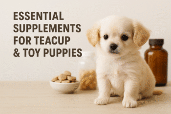 Cream-colored teacup puppy sitting beside supplement jars and a bowl of chewable vitamins, with the text “Essential Supplements for Teacup & Toy Puppies” above.