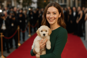 A smiling celebrity in a modest green dress holds a fluffy cream-colored puppy while posing on the red carpet, surrounded by photographers and fans
