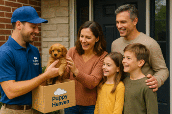 A smiling family of four receives a teacup puppy from a Puppy Heaven delivery driver outside their suburban home. The puppy is gently held near a branded box, capturing the joy of a new pet arrival