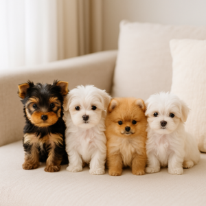 A group of four adorable teacup puppies—a Yorkie, two Maltese, and a Pomeranian—sit together on a soft beige sofa in a cozy, sunlit living room, perfectly capturing the warm and elegant Puppy Heaven style.